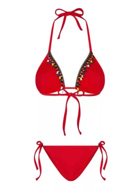 Boru Boncuk Aksesuarlı Kırmızı Üçgen Bikini Takımı