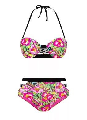 Renkli Çiçek Desenli Sütyen Kaplı Bikini Takımı