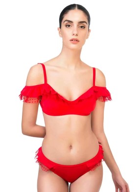 Volanlı Kırmızı Tüllü Bikini