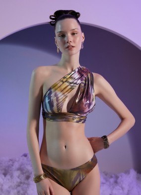 Parlak Kumaş Renkli Desenli Tek Omuz Bikini Takımı