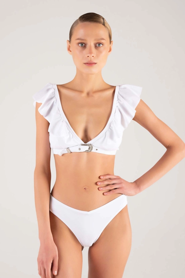 Beyaz Kemer Tokalı Volanlı Bikini