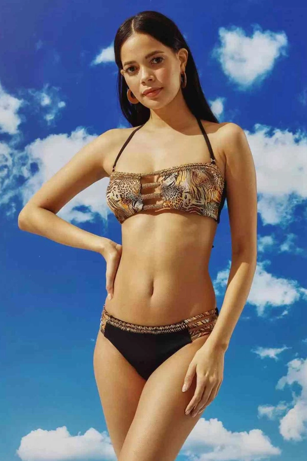 Boncuk İşlemeli Biyeli Straplez Bikini