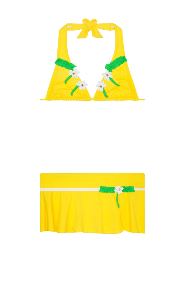 Sarı Desenli Üçgen Volanlı Bikini Takımı