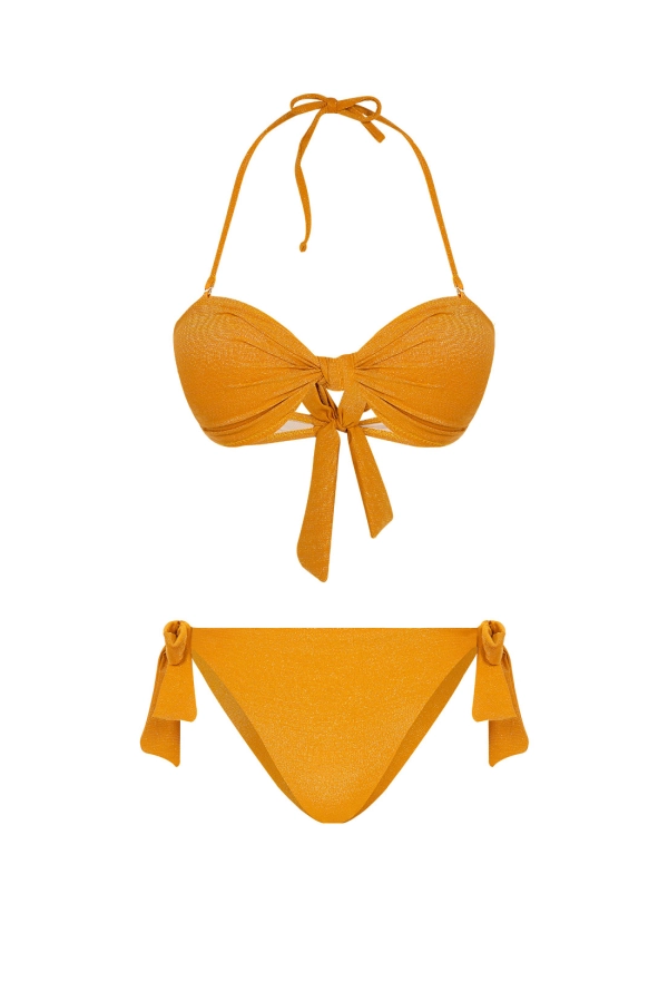 Parlak Kumaş Sarı Straplez Bikini Takımı
