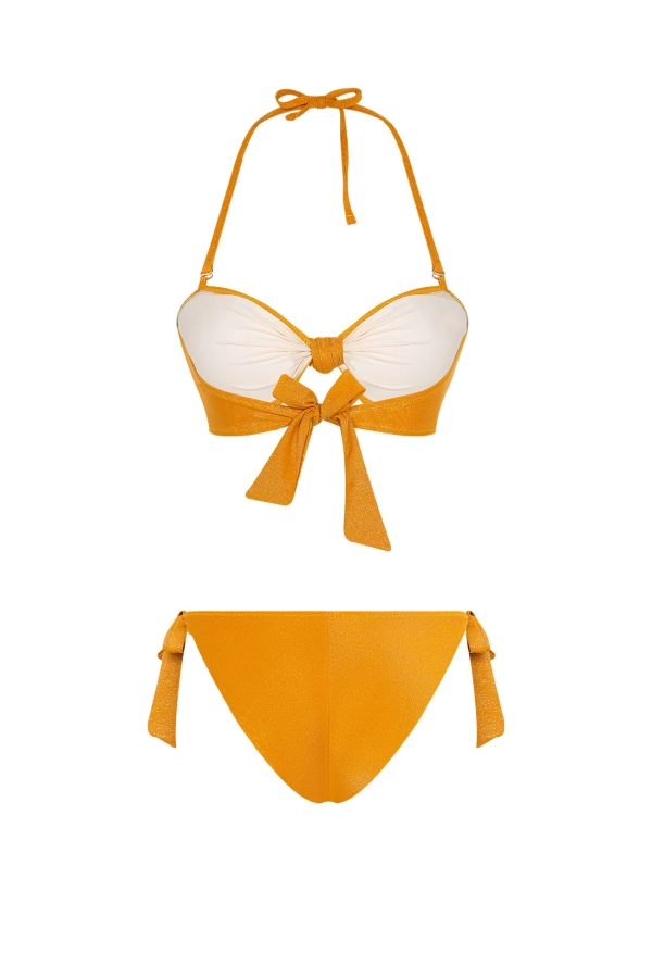 Parlak Kumaş Sarı Straplez Bikini Takımı