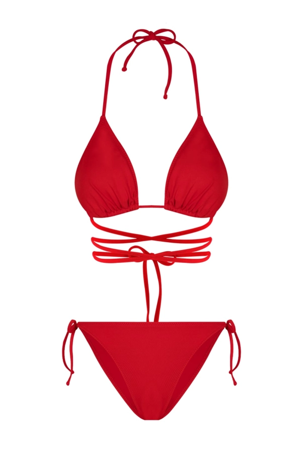 Kırmızı Belden Bağcıklı Üçgen Bikini Takımı