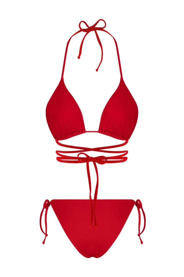 Kırmızı Belden Bağcıklı Üçgen Bikini Takımı