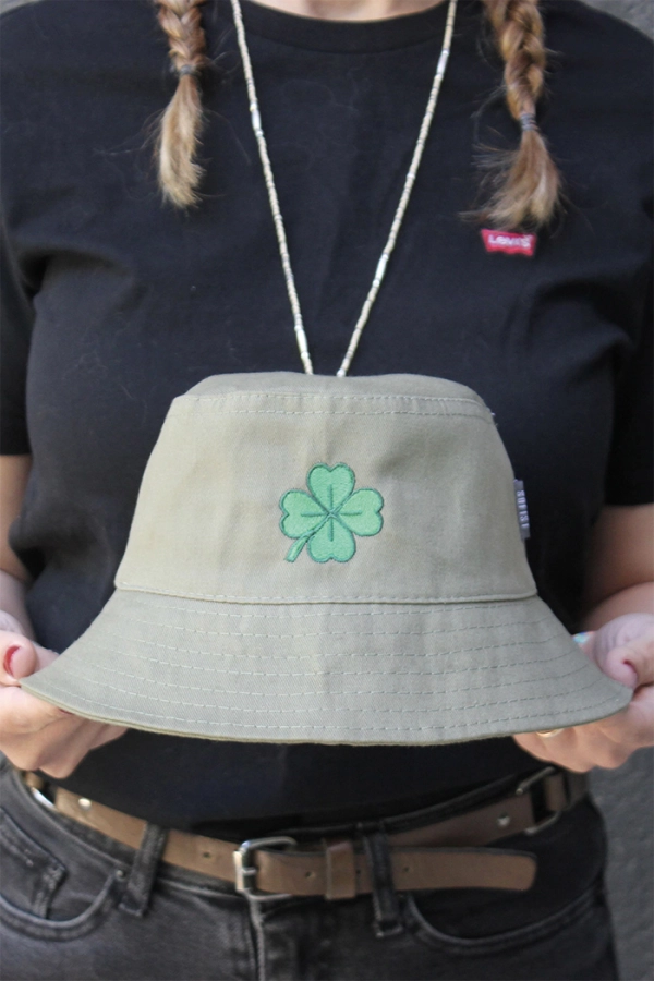 Haki Rengi Yonca İşlemeli Unisex Forest Bucket Şapka