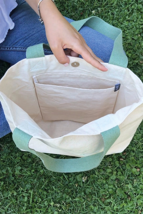 Mint Rengi Pamuk Kolon Saplı ve Baskılı Orta Boy Bej Kanvas Tote Omuz Çantası