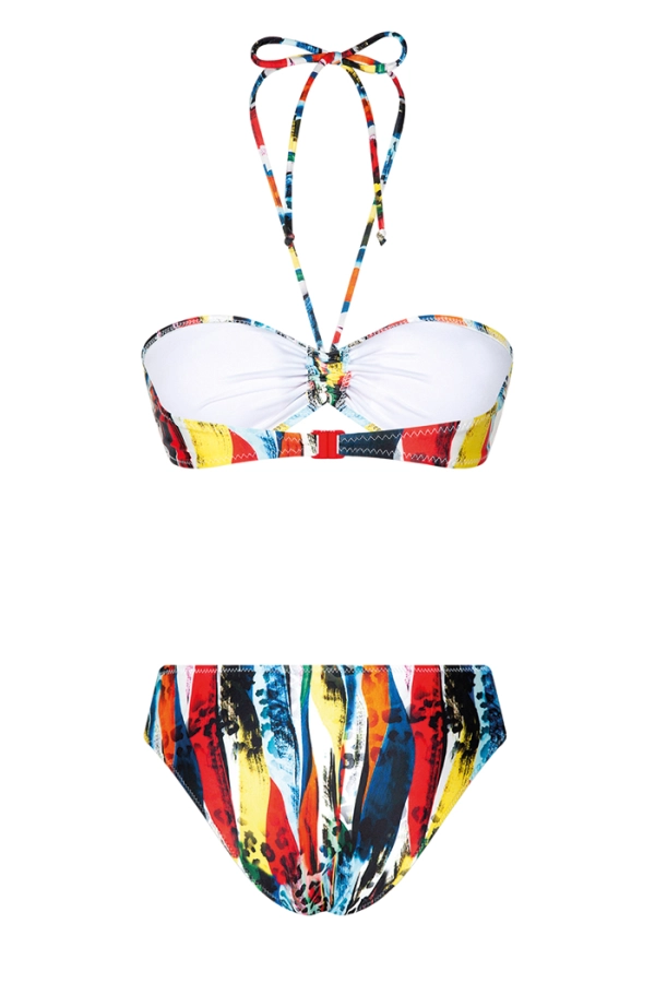 Renkli Leopar Desenli Boyundan Bağlamalı Bikini Takımı