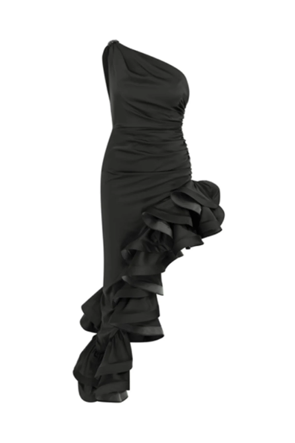 Irısh Siyah Fırfırlı Maxi Elbise