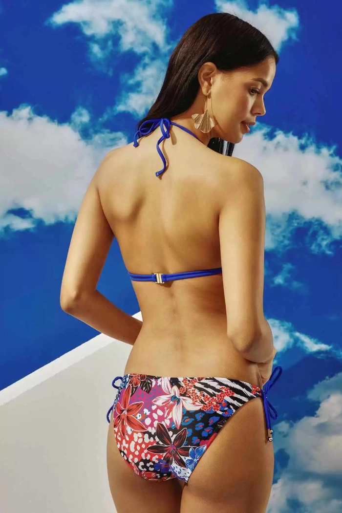Boru Boncuk Aksesuarlı Lacivert Çiçekli Üçgen Bikini Takımı
