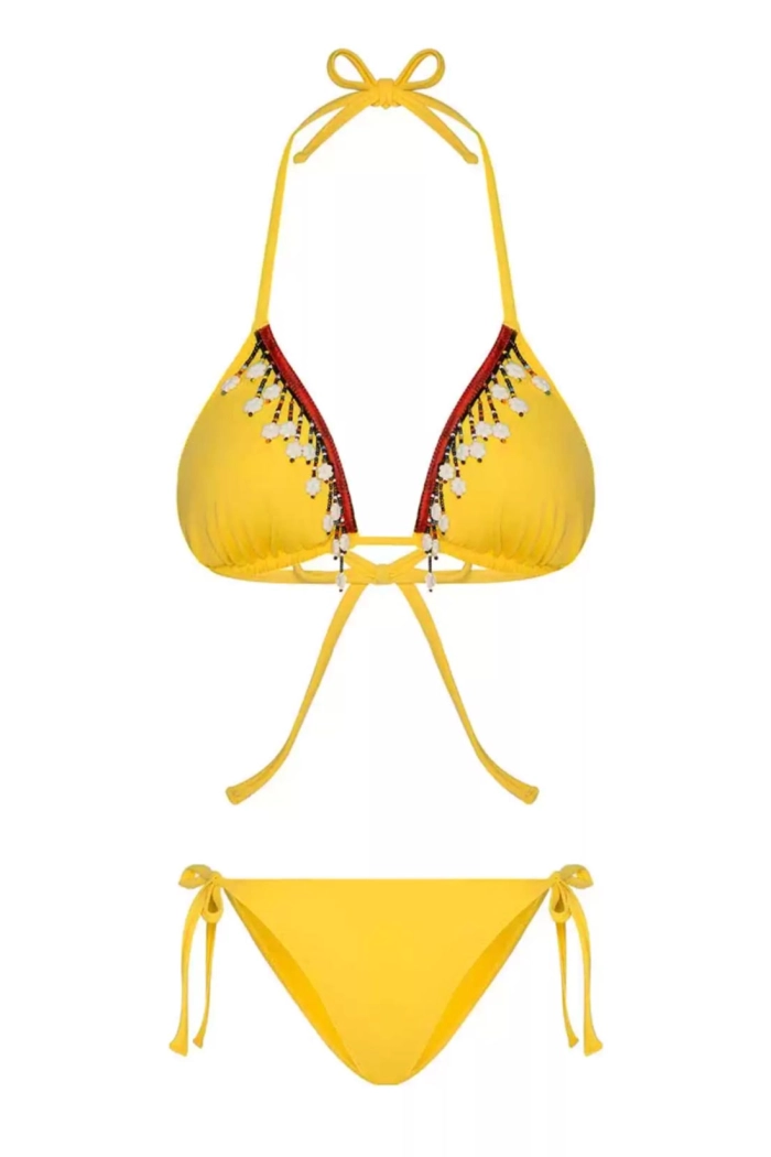 Boru Boncuk Aksesuarlı Sarı Üçgen Bikini Takımı