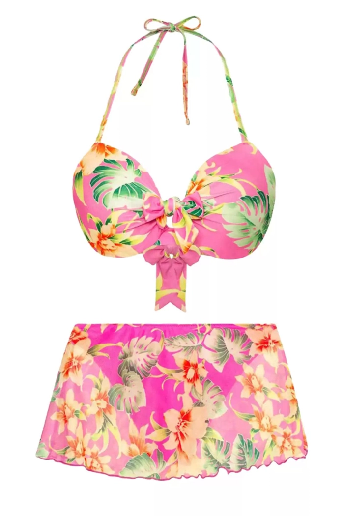 Renkli Çiçek Desenli Etekli Bikini Takımı