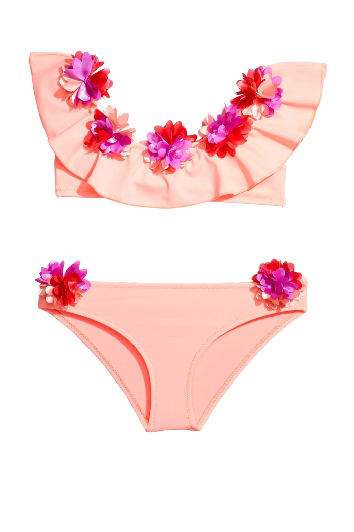 Çiçekli Nar Çiçeği Straplez Bikini Takımı