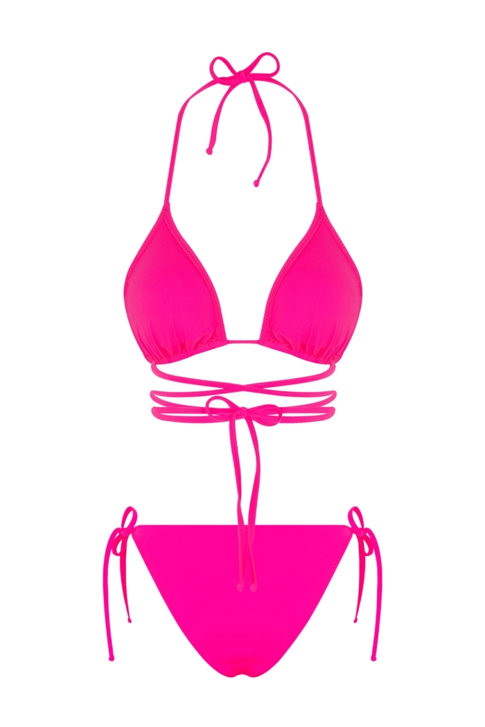Fuşya Belden Bağcıklı Üçgen Bikini Takımı