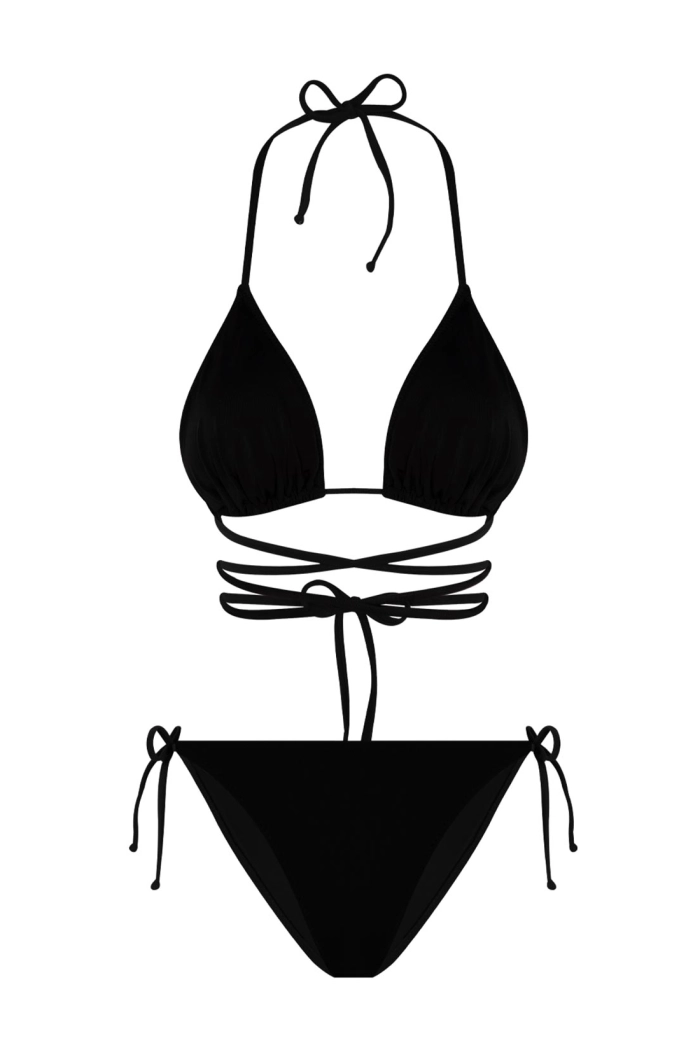 Siyah Belden Bağcıklı Üçgen Bikini Takımı