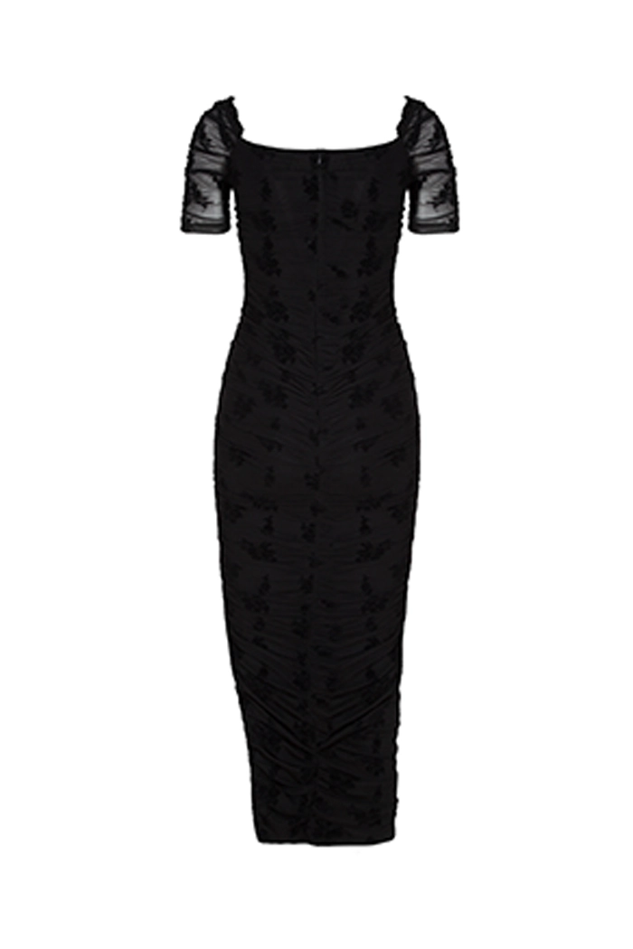 Paula Çiçek Desenli Siyah Midi Elbise