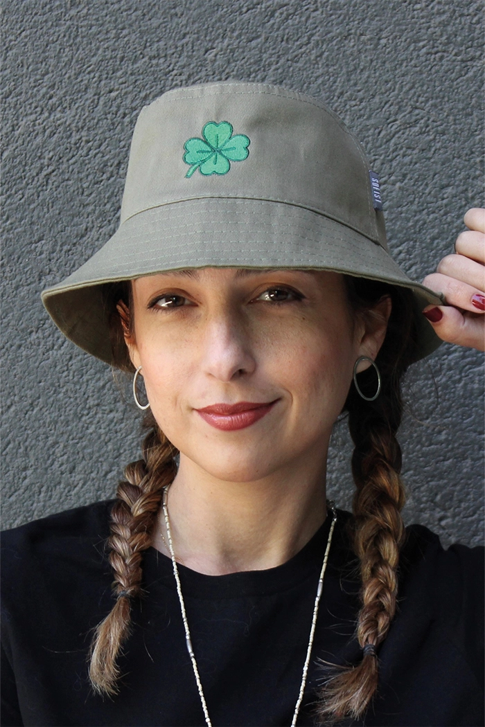 Haki Rengi Yonca İşlemeli Unisex Forest Bucket Şapka
