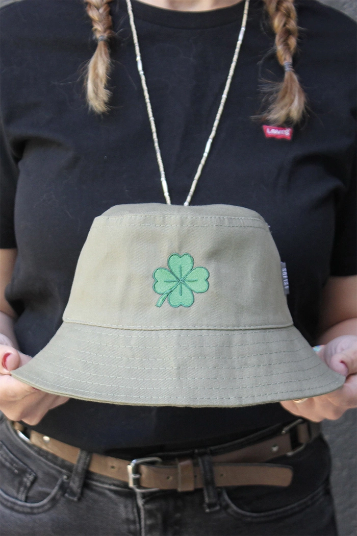 Haki Rengi Yonca İşlemeli Unisex Forest Bucket Şapka