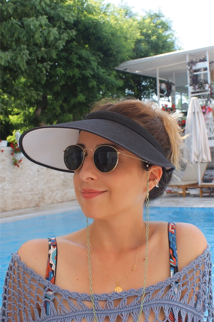 Siyah Hasır Siperlik Vizör Kadın Plaj Şapkası
