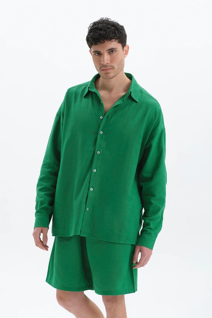 Raw Yeşil Oversize Keten Gömlek Erkek