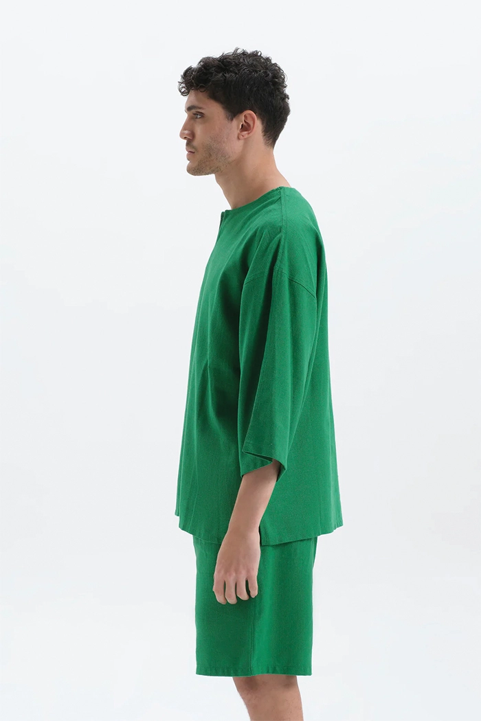 Yeşil Oversize Fakir Kol Keten T-shirt Erkek