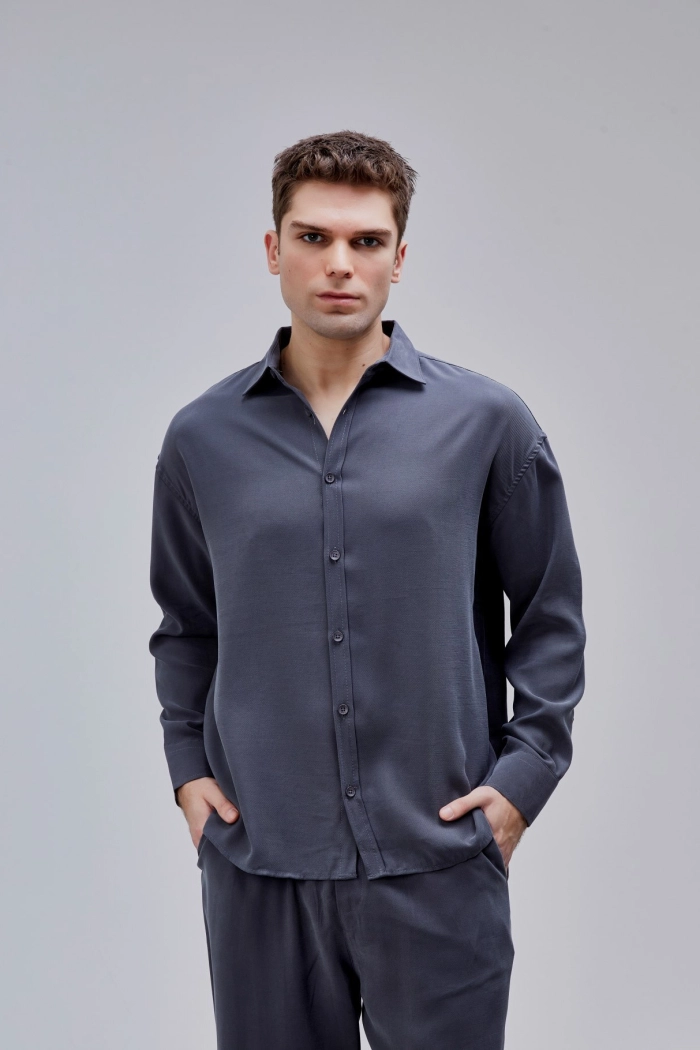 Antrasi̇t Renk Oversize Tensel Gömlek