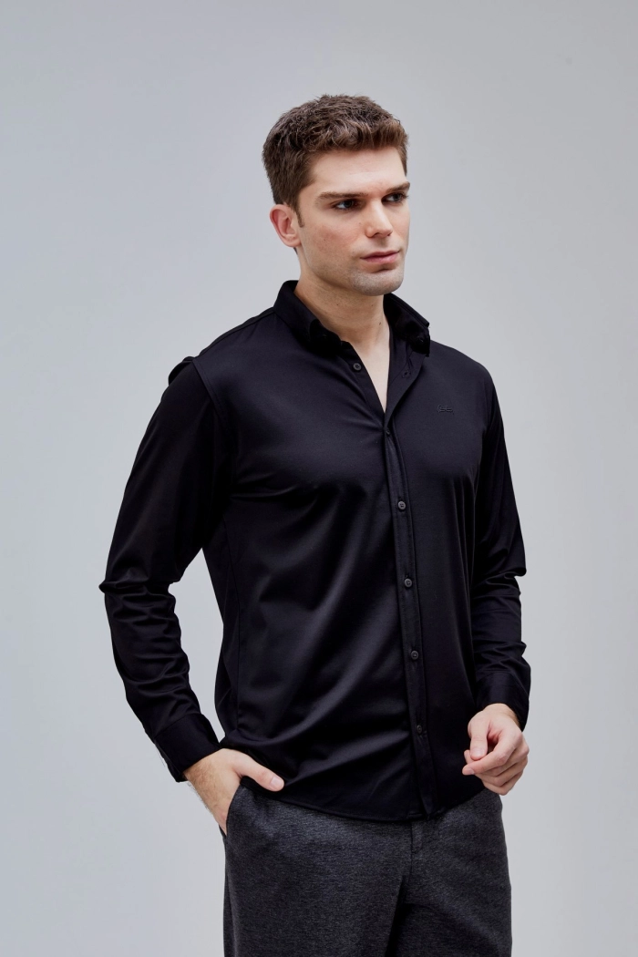 Siyah Renk Uzun Kol Polyester Gömlek