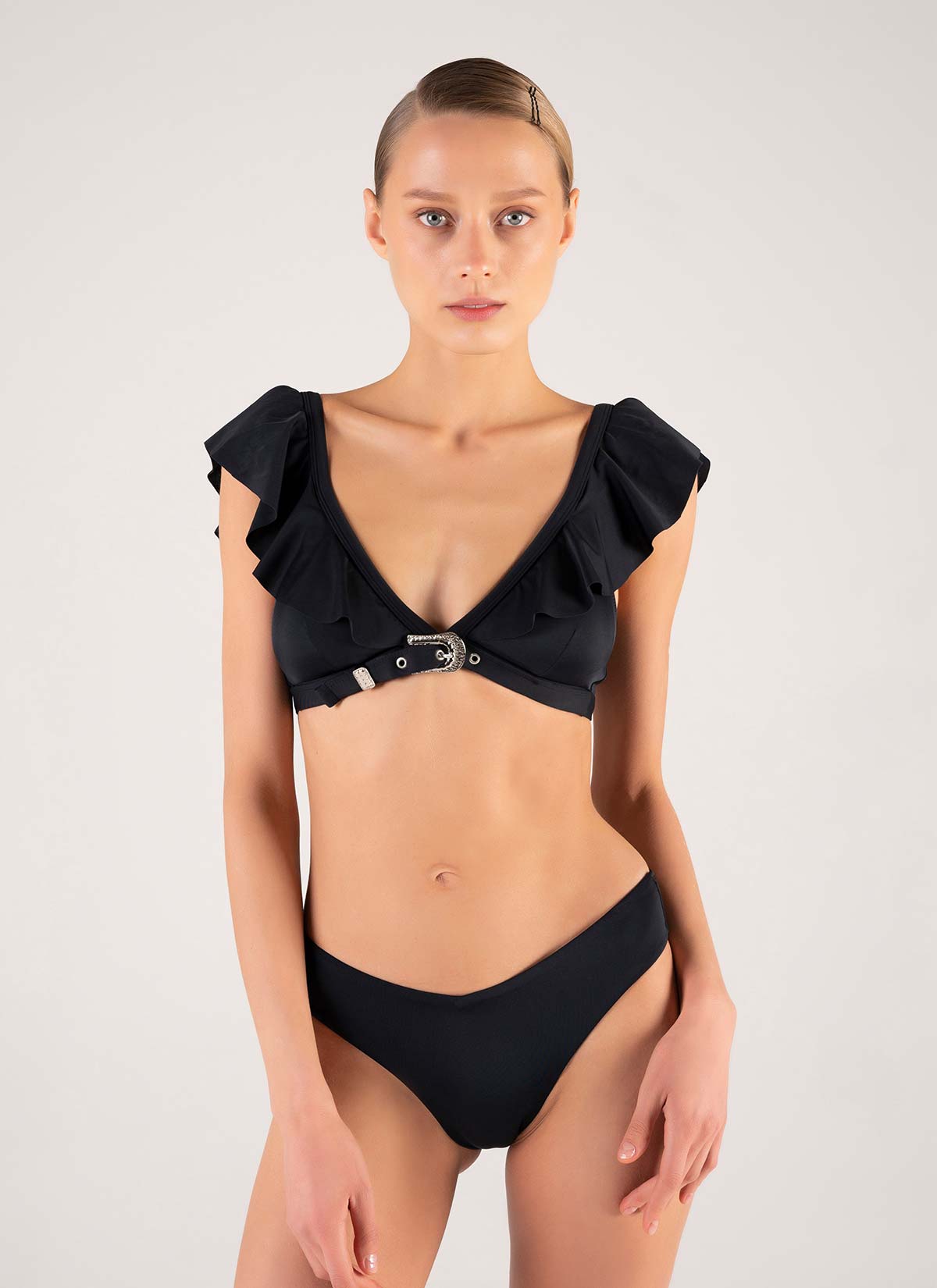 Siyah Kemer Tokalı Volanlı Bikini
