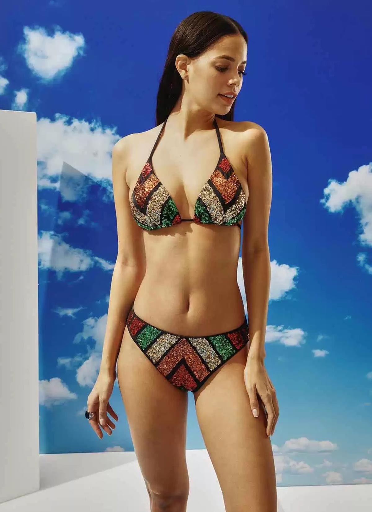 Renkli Çizgili Pul Nakışlı Bikini Takımı