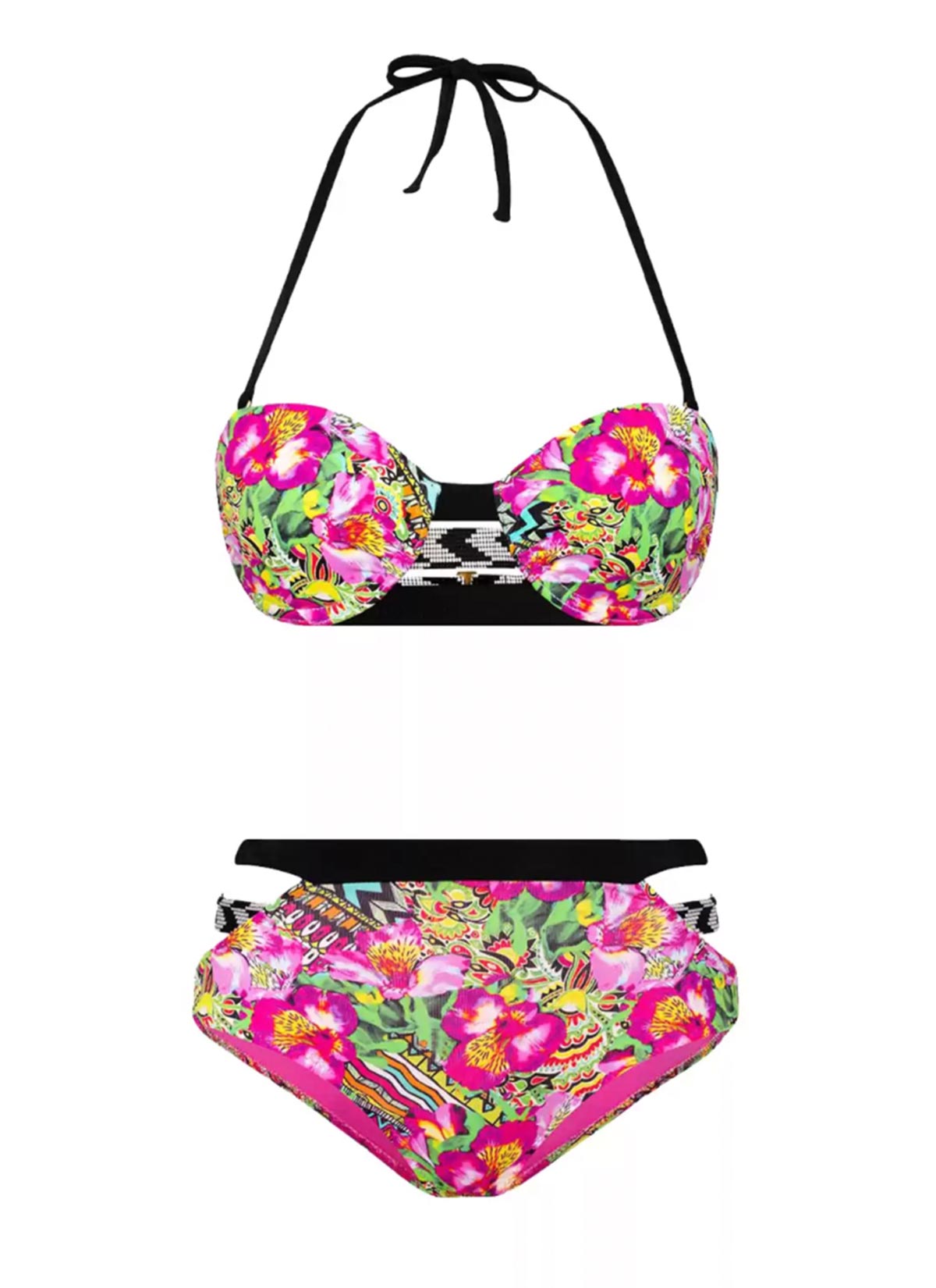 Renkli Çiçek Desenli Sütyen Kaplı Bikini Takımı